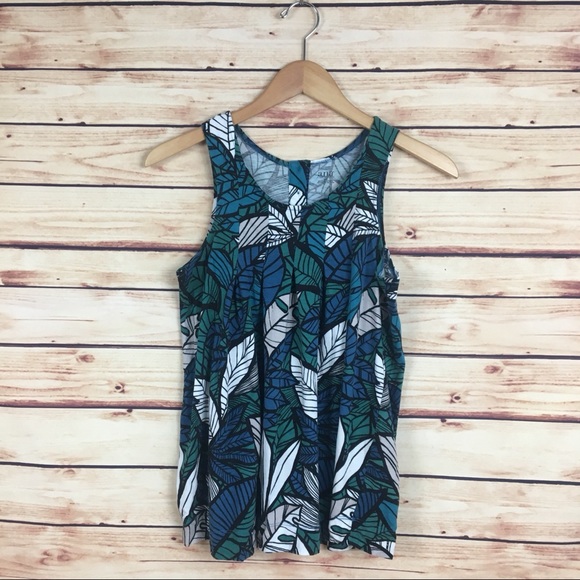 a.n.a Tops - ANA Leaf Print Tank Top Pleated Green Blue Medium